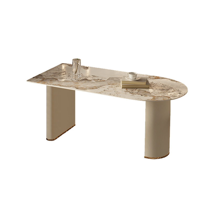 White Stone Top Dinette Table with Double Pedestal Modern Free Form Dining Table
