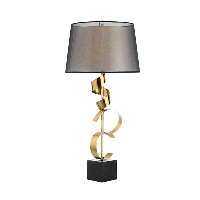 Barrel Table Light Modernist Fabric 1 Head Bedroom Nightstand Lamp in Black and Gold with Spiral Silk Ribbon Deco