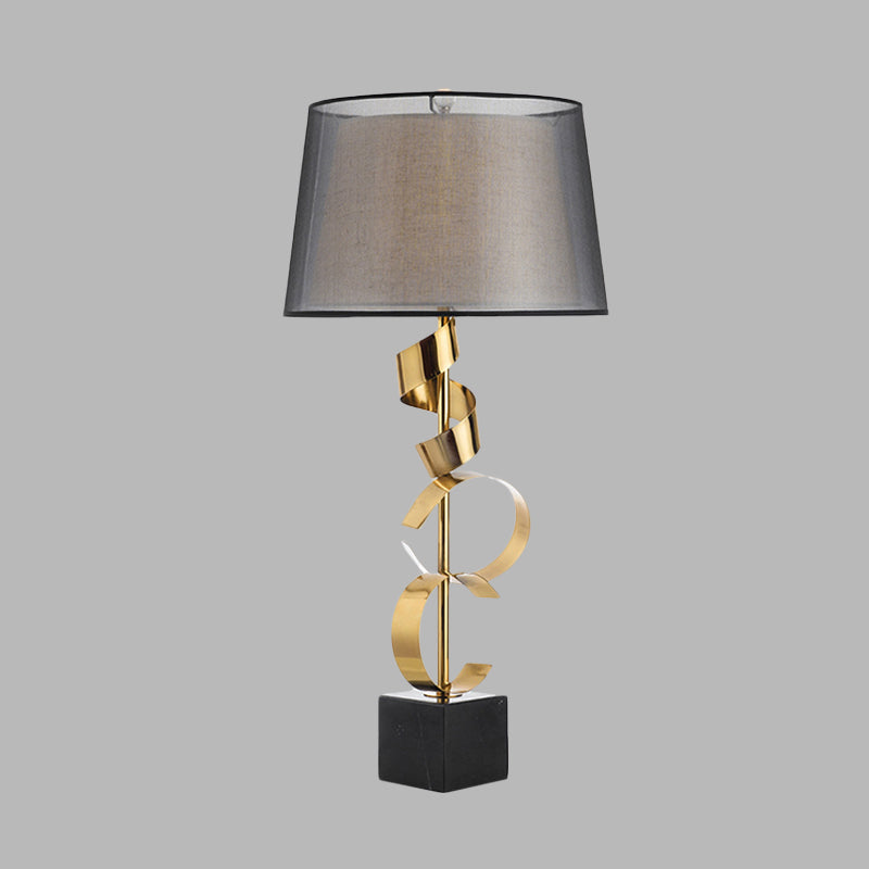Barrel Table Light Modernist Fabric 1 Head Bedroom Nightstand Lamp in Black and Gold with Spiral Silk Ribbon Deco