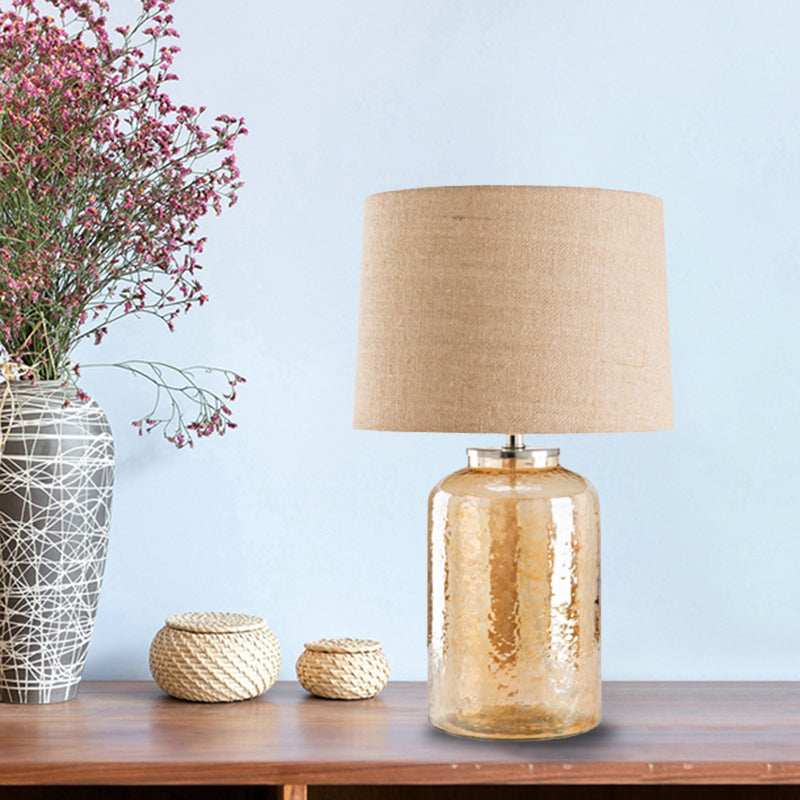 Lampada da tavolo in vaso di vetro ambrato Lampada da comodino contemporanea in tessuto di lino con 1 lampadina per comodino