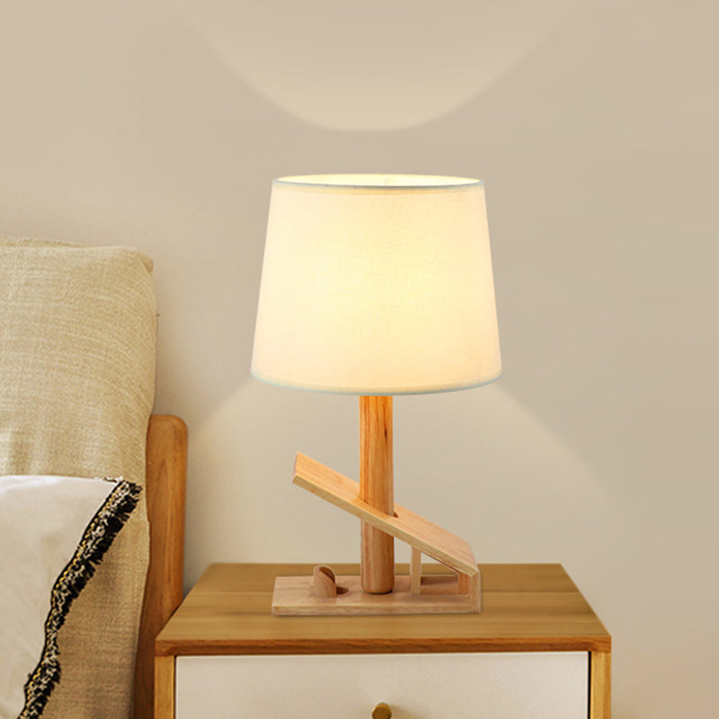 Clip Shape Wood Nightstand Light Modern 1-Light White Adjustable Fabric Table Lamp with Plug-In Cord