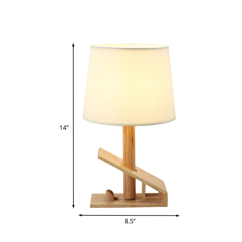Clip Shape Wood Nightstand Light Modern 1-Light White Adjustable Fabric Table Lamp with Plug-In Cord