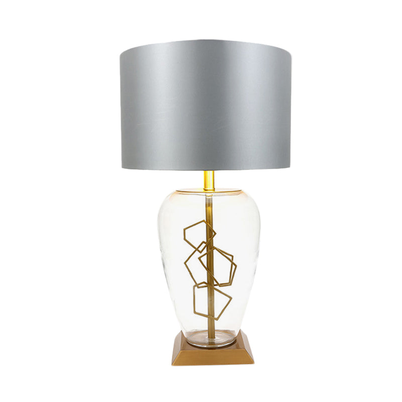 Urn Nightstand Light Modern Clear Glass 1 Head Brass Table Lamp with Drum Grey Fabric Shade