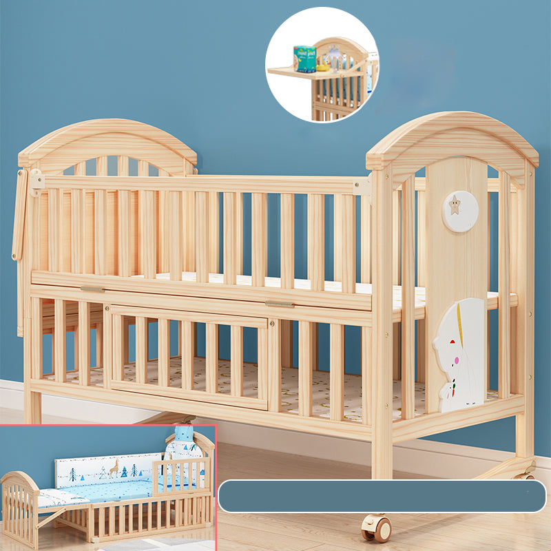 Solid Wood Convertible Baby Crib Natural Wood Crib with Casters and Storage