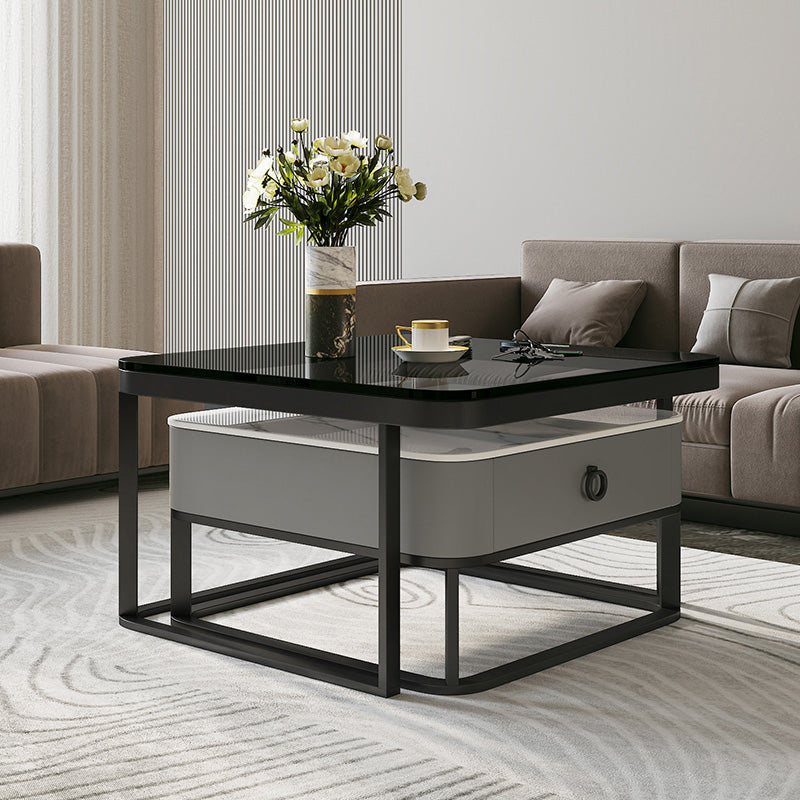 Glass/Slate Top Coffee Table Contemporary Frame Coffee Cocktail Table with Drawers
