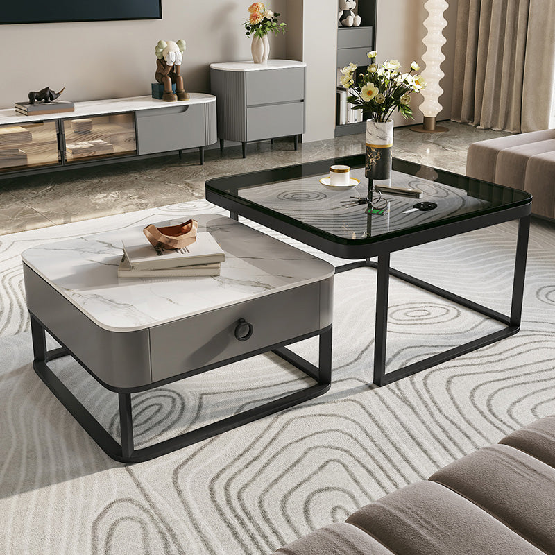 Glass/Slate Top Coffee Table Contemporary Frame Coffee Cocktail Table with Drawers