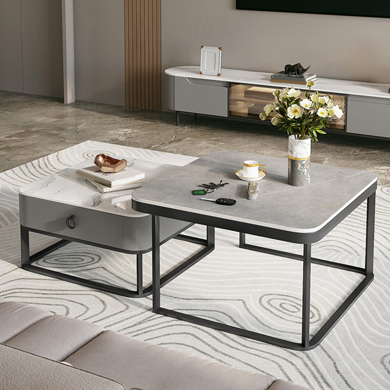 Glass/Slate Top Coffee Table Contemporary Frame Coffee Cocktail Table with Drawers