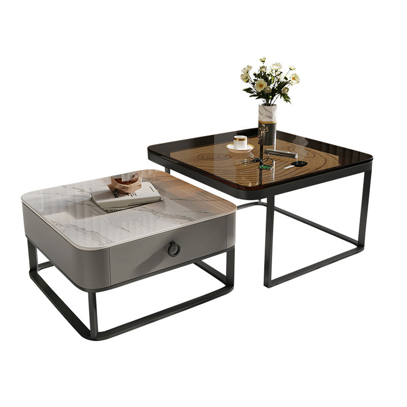 Glass/Slate Top Coffee Table Contemporary Frame Coffee Cocktail Table with Drawers
