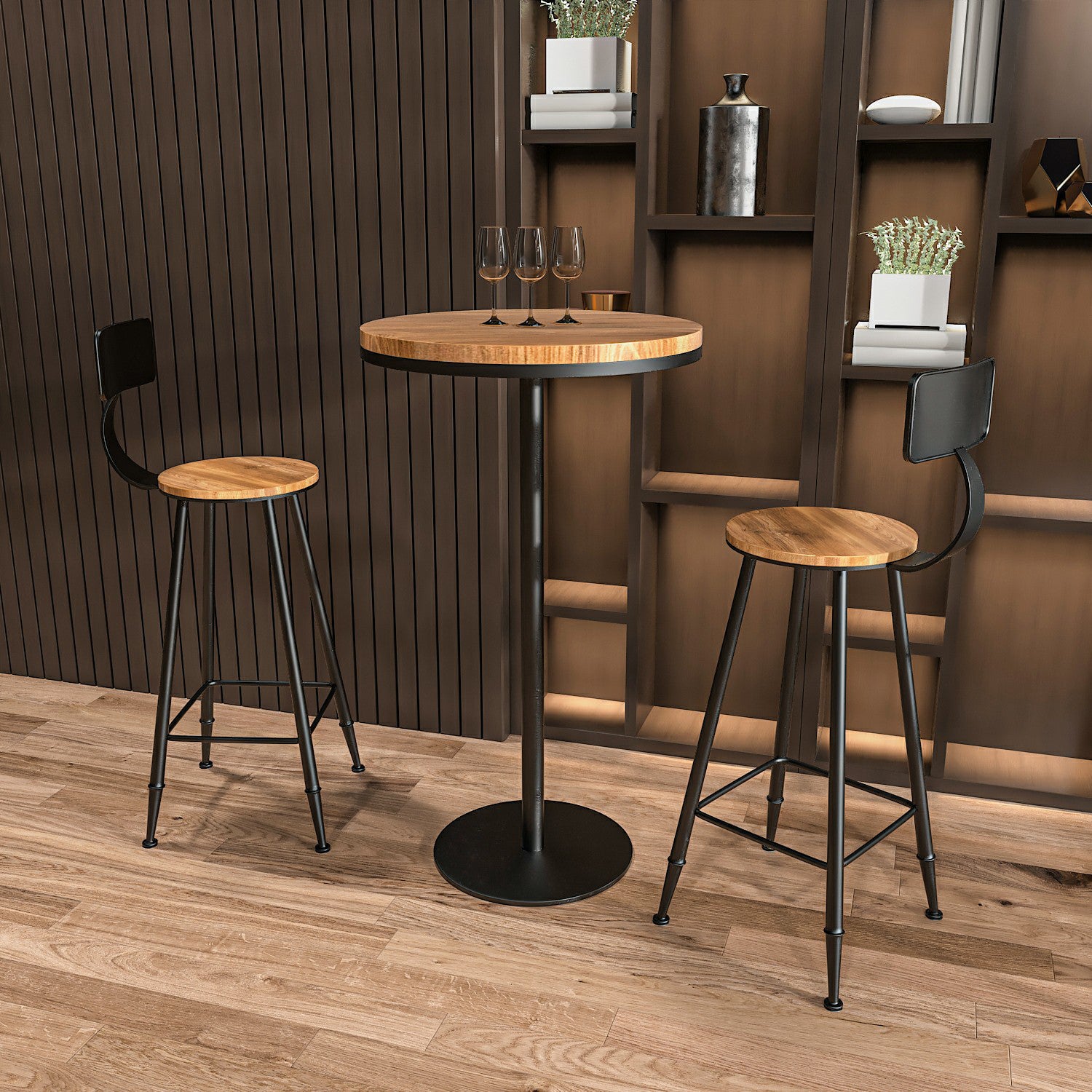 Modern Round Bar Table Set 1/3 Pcs Solid Wood Bar Table and Leather Upholstered Stools