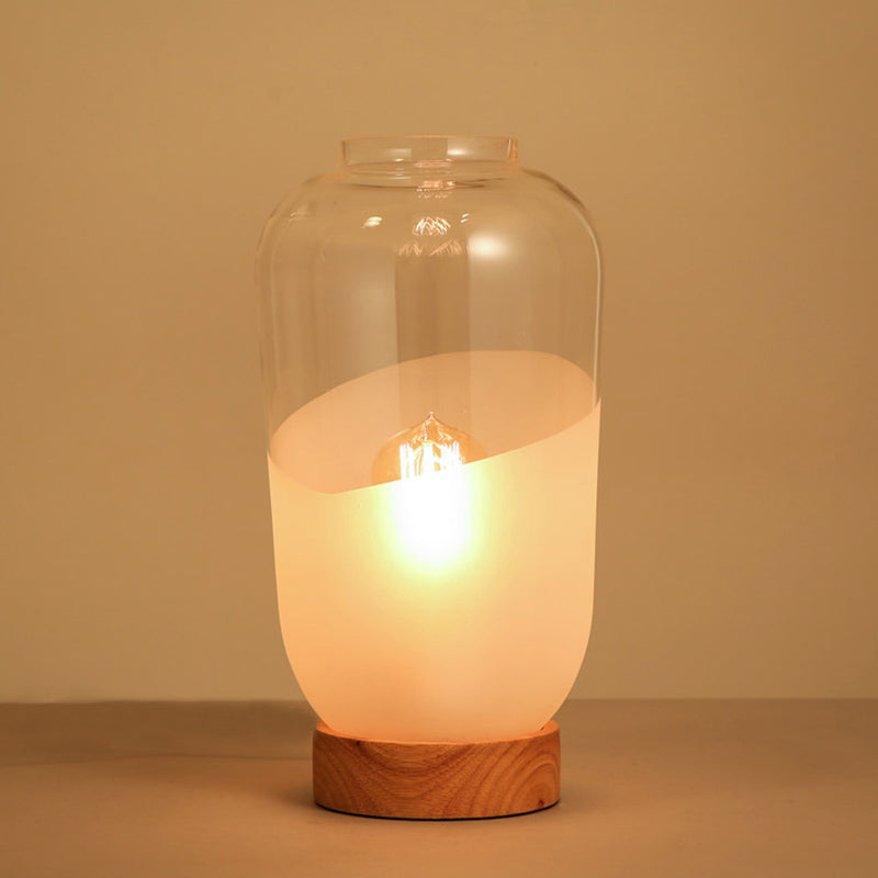 Lámpara de mesa de noche sencilla con forma de tarro, cristal transparente y blanco, 1 cabezal, con base de madera