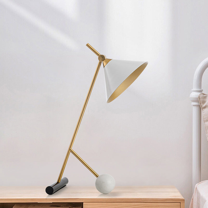 White Wide Flared Desk Lighting Modern LED Metallic Table Lamp with Tube and Orb Marble Base