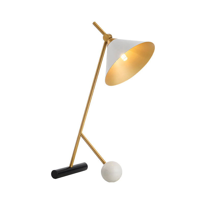 White Wide Flared Desk Lighting Modern LED Metallic Table Lamp with Tube and Orb Marble Base