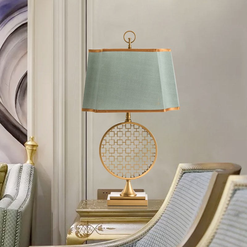 Chinese Style 1 Head Night Light Gold Drum Shape LED Desk Lamp with Green Fabric Shade