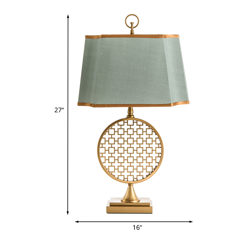 Chinese Style 1 Head Night Light Gold Drum Shape LED Desk Lamp with Green Fabric Shade
