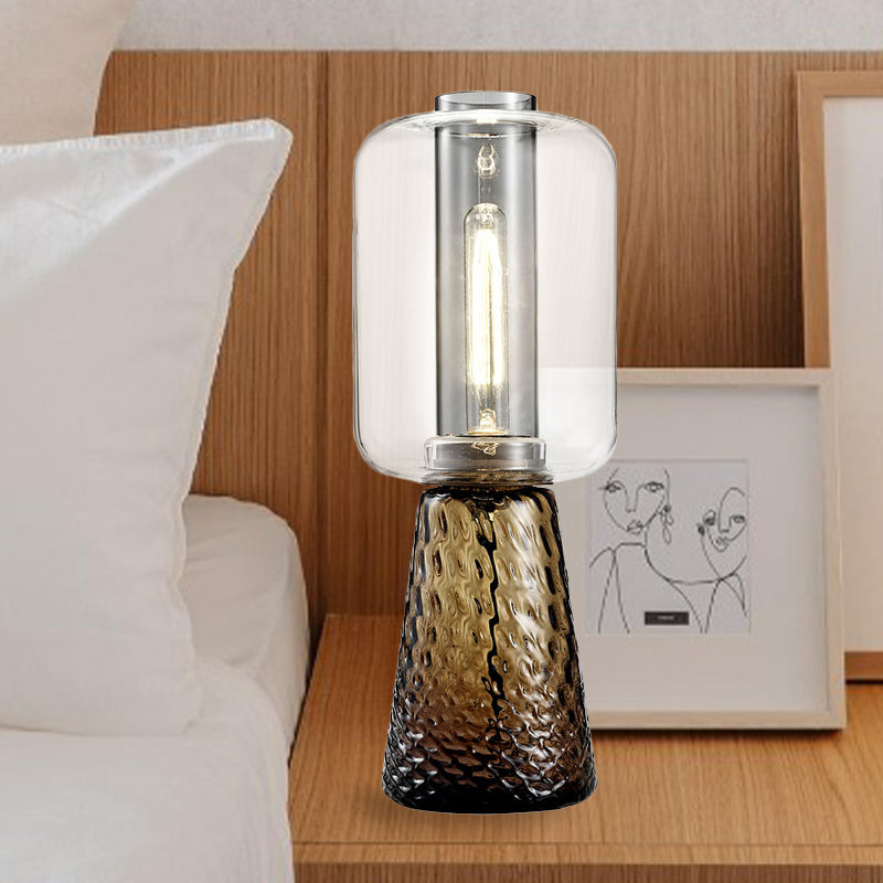 Lampada da tavolo trapezoidale per camera da letto, grigio fumo chiaro/cognac, in vetro acqua, a 1 luce, postmoderna, con paralume cilindrico