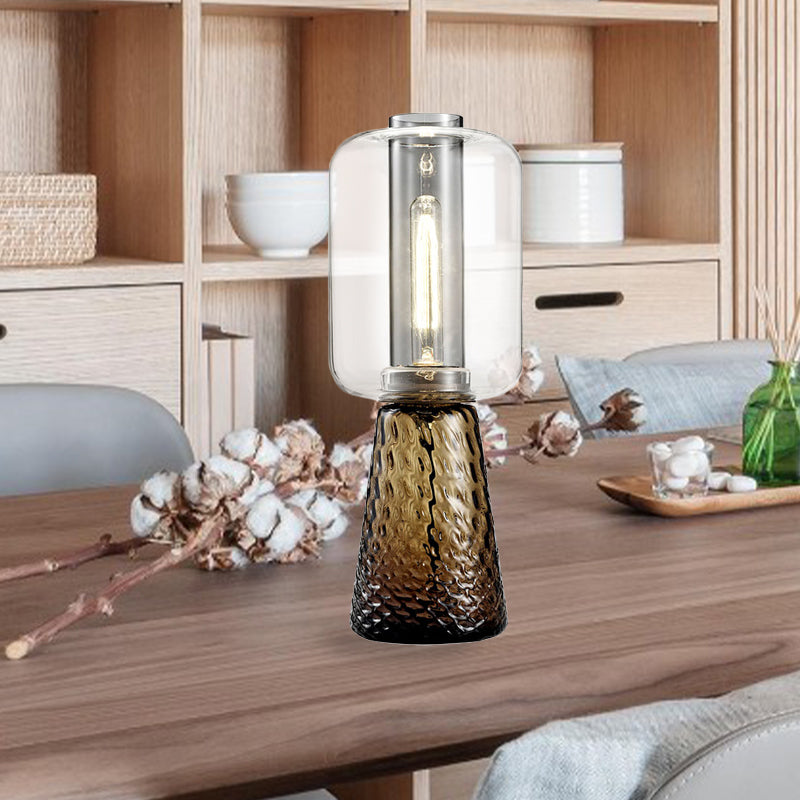Lampada da tavolo trapezoidale per camera da letto, grigio fumo chiaro/cognac, in vetro acqua, a 1 luce, postmoderna, con paralume cilindrico