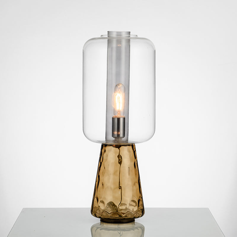 Lampada da tavolo trapezoidale per camera da letto, grigio fumo chiaro/cognac, in vetro acqua, a 1 luce, postmoderna, con paralume cilindrico