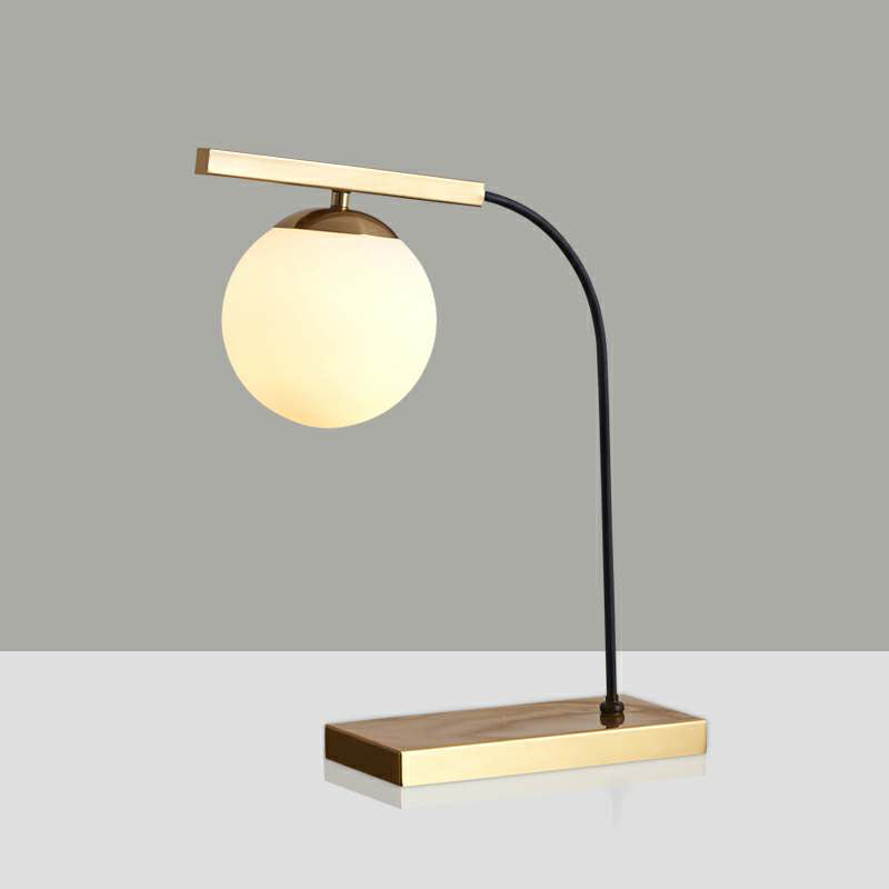 Gold Linear Table Light Postmodern 1-Head Metallic Night Lamp with Ball Milk Glass Shade