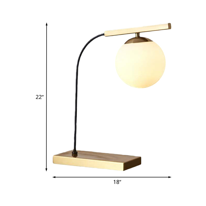 Gold Linear Table Light Postmodern 1-Head Metallic Night Lamp with Ball Milk Glass Shade
