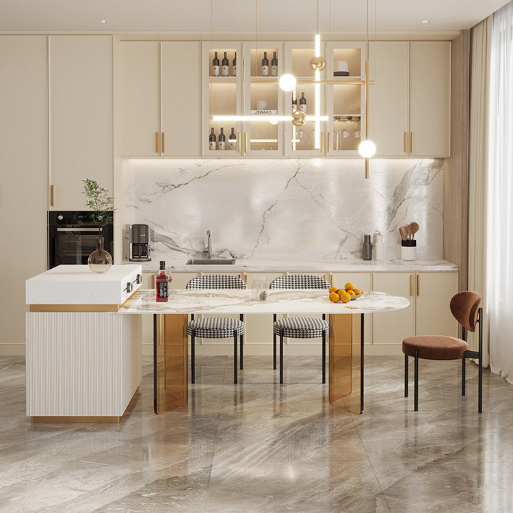 Glossy Beige Dinette Table with Double Pedestal Modern Dining Table for Home