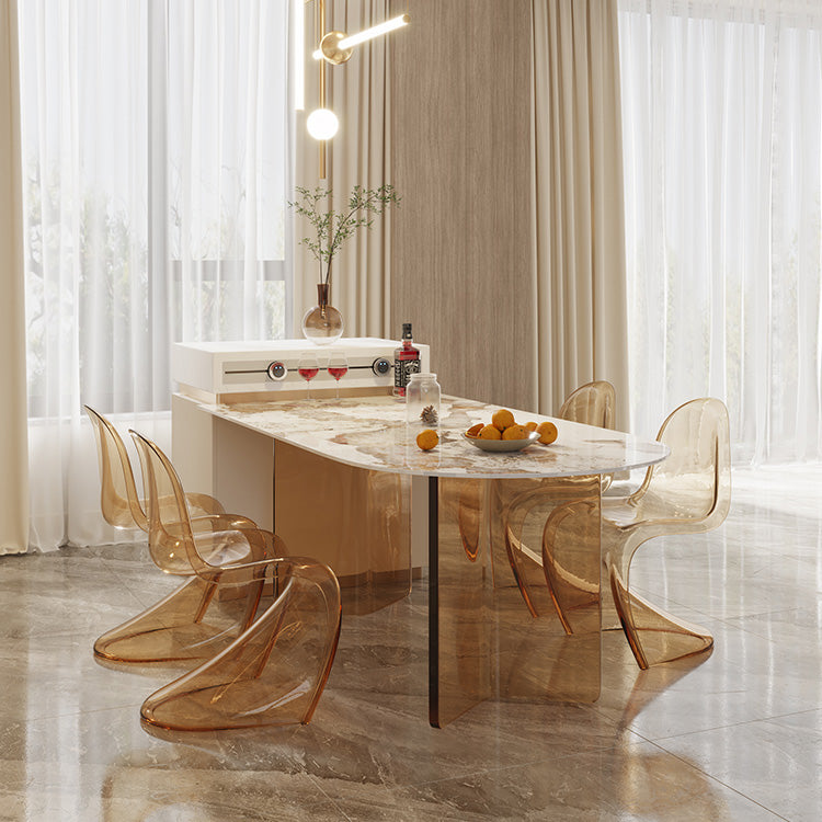 Glossy Beige Dinette Table with Double Pedestal Modern Dining Table for Home