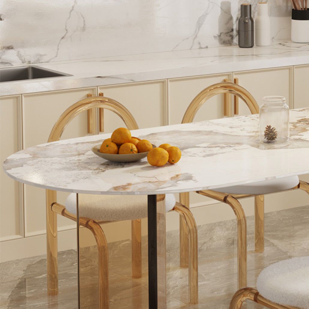 Glossy Beige Dinette Table with Double Pedestal Modern Dining Table for Home