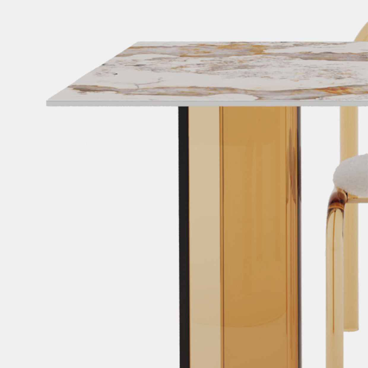 Glossy Beige Dinette Table with Double Pedestal Modern Dining Table for Home