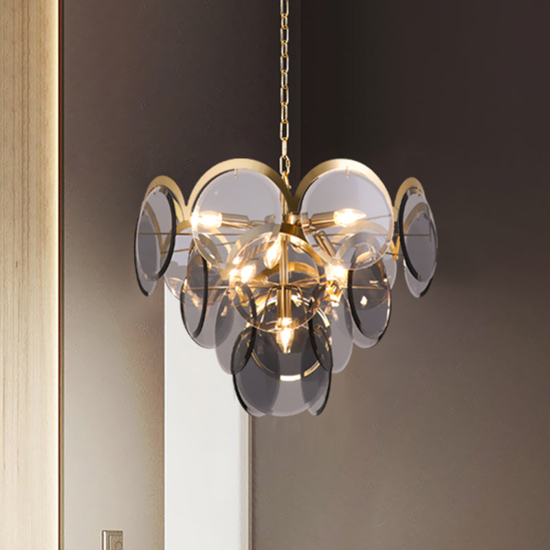 Panneau rond Pendre luminaire post moderne Smoke Grey Glass 7 Heads Heads Brass Hanging Chandelier