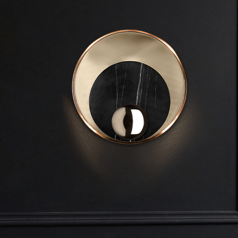 Round Marble LED Sconce Lighting Modernist 1 Head White/Black Wall Mounted Lamp with Gold Metal Backplate