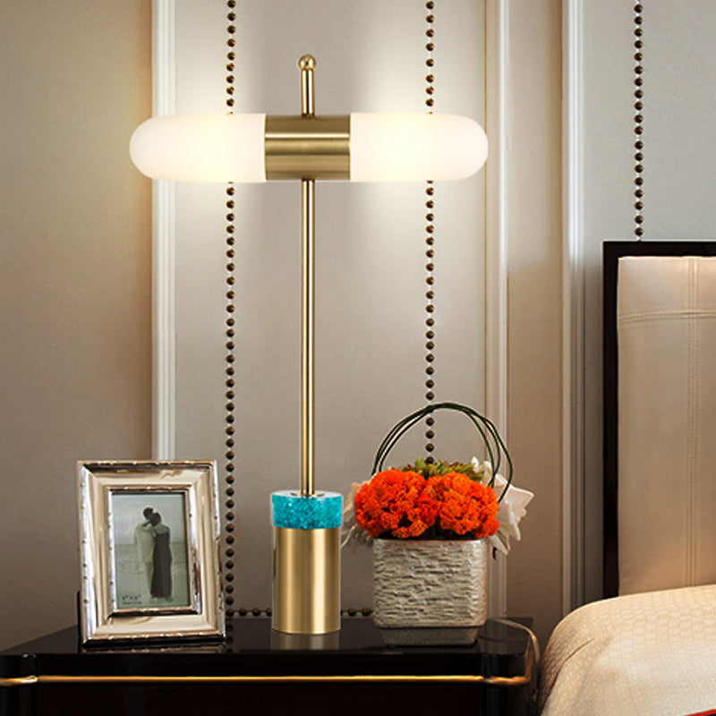 Capsule Opal Glass Night Table Lamp Post Modern 2 Heads Gold Desk Light with Tube Metal and Marble Base for Bedside
