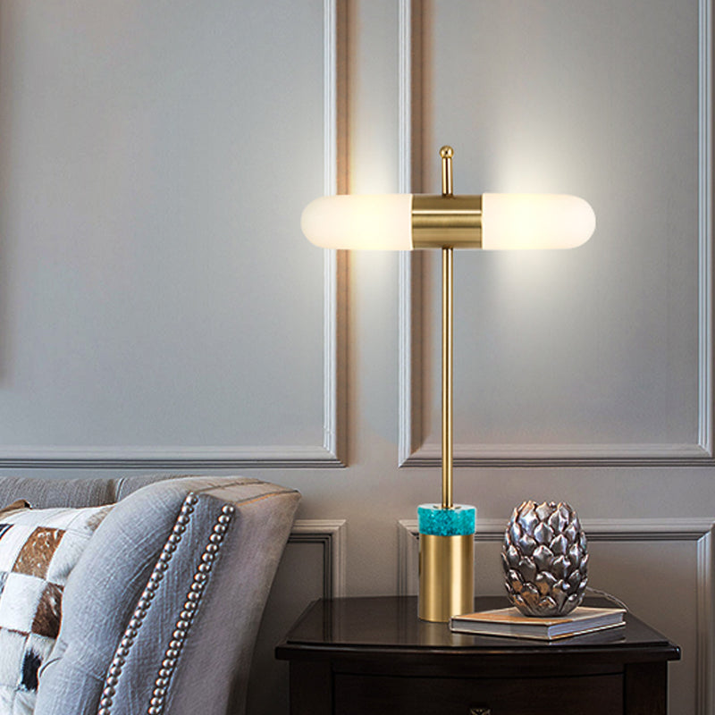 Capsule Opal Glass Night Table Lamp Post Modern 2 Heads Gold Desk Light with Tube Metal and Marble Base for Bedside