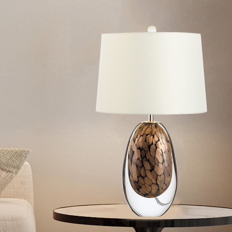 White Drum Nightstand Light Modernist 1 Light Fabric Table Lamp with Oval Colored Glaze Base
