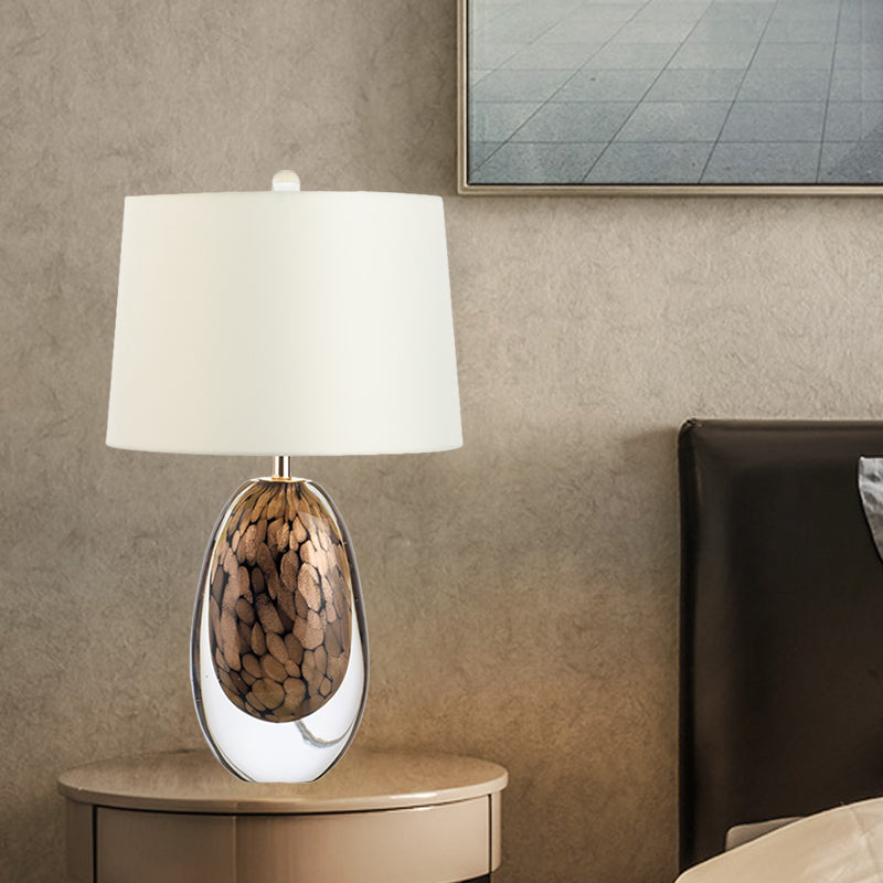 White Drum Nightstand Light Modernist 1 Light Fabric Table Lamp with Oval Colored Glaze Base