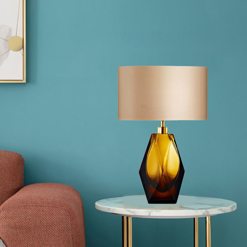 Geometric Amber Colored Glaze Desk Light Modern 1-Light Beige Fabric Night Table Lamp