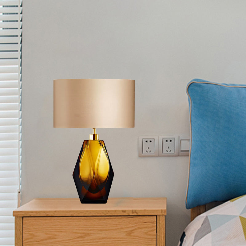 Geometric Amber Colored Glaze Desk Light Modern 1-Light Beige Fabric Night Table Lamp