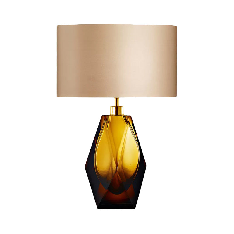 Geometric Amber Colored Glaze Desk Light Modern 1-Light Beige Fabric Night Table Lamp
