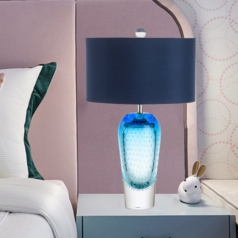 Blue Bubble Glass Urn Desk Light Contemporary 1 Light Night Table Lamp with Fabric Shade