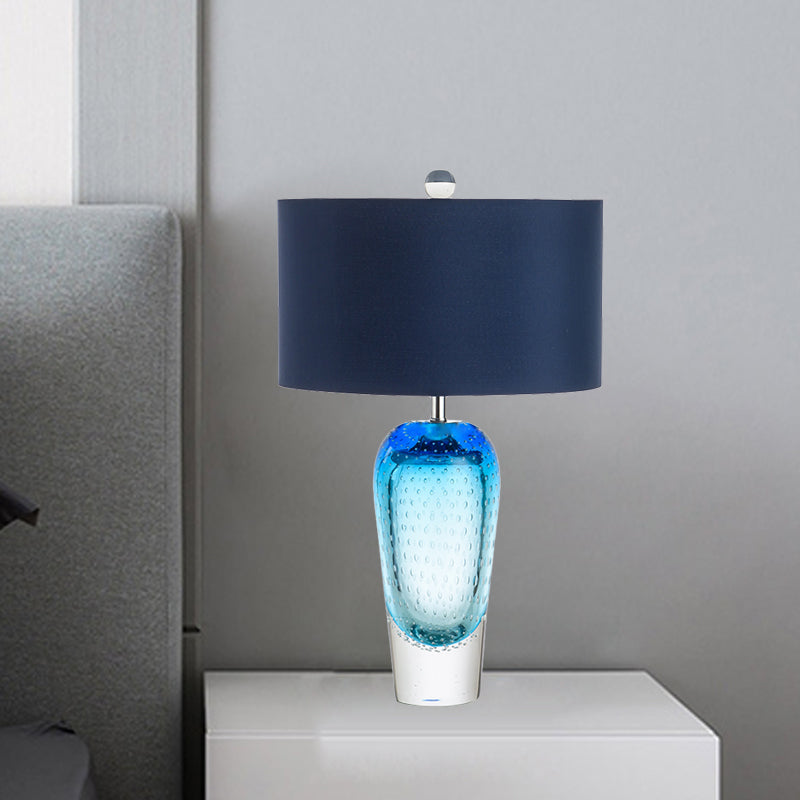 Blue Bubble Glass Urn Desk Light Contemporary 1 Light Night Table Lamp with Fabric Shade