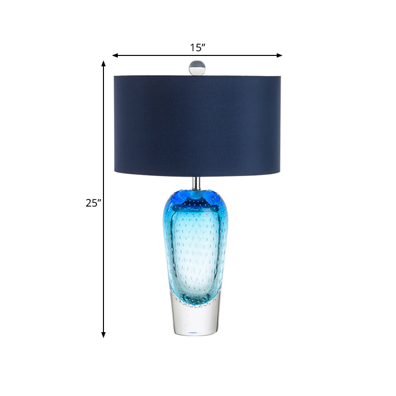 Blue Bubble Glass Urn Desk Light Contemporary 1 Light Night Table Lamp with Fabric Shade