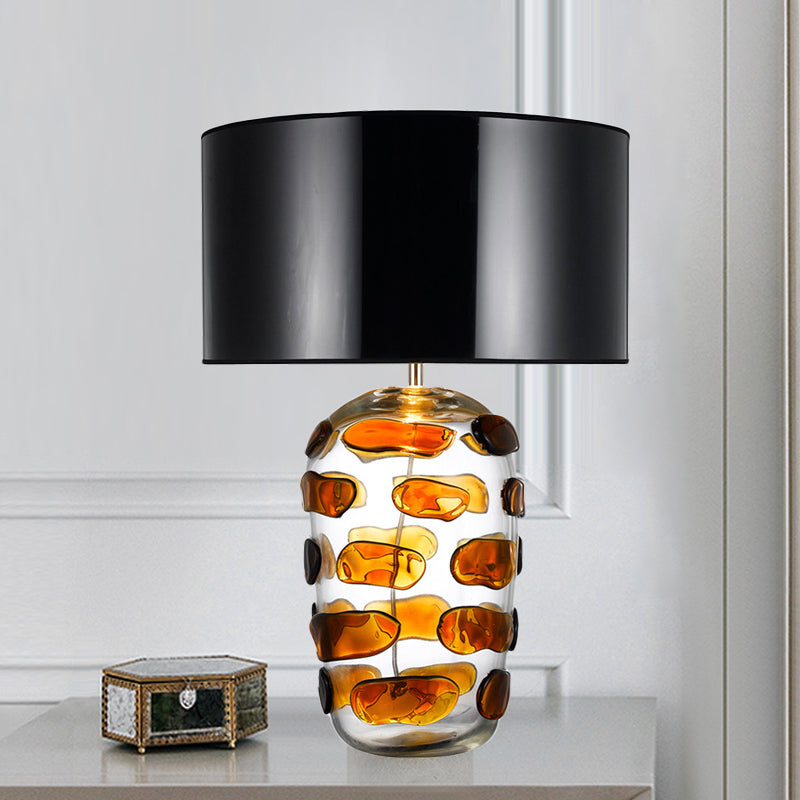 Yellow/Blue Jar Nightstand Light Modern 1 Bulb Clear Glass Desk Lamp with Drum Black/White Fabric Shade