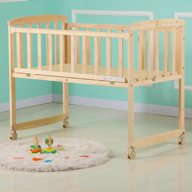 Farmhouse Pine Bed Solid Wood Baby Crib with Guardrails and Casters