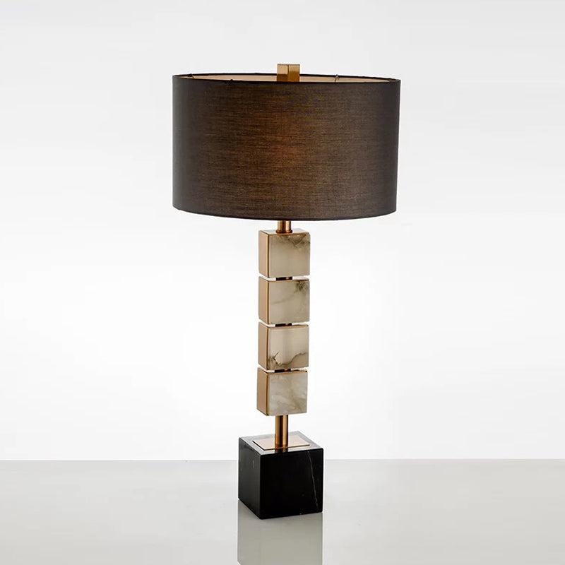 Iluminación de mesa de tela de batería Modernismo de escritorio marrón de 1 luz con base de mármol de cubo