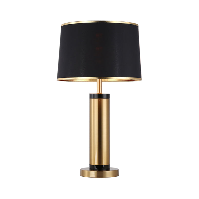Metallic Tube Desk Light Modernism 1-Light Gold Finish Night Table Lamp with Drum Black Fabric Shade