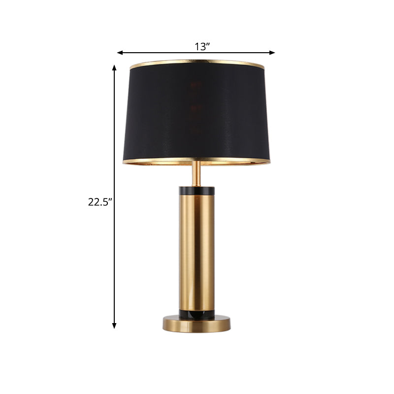 Metallic Tube Desk Light Modernism 1-Light Gold Finish Night Table Lamp with Drum Black Fabric Shade
