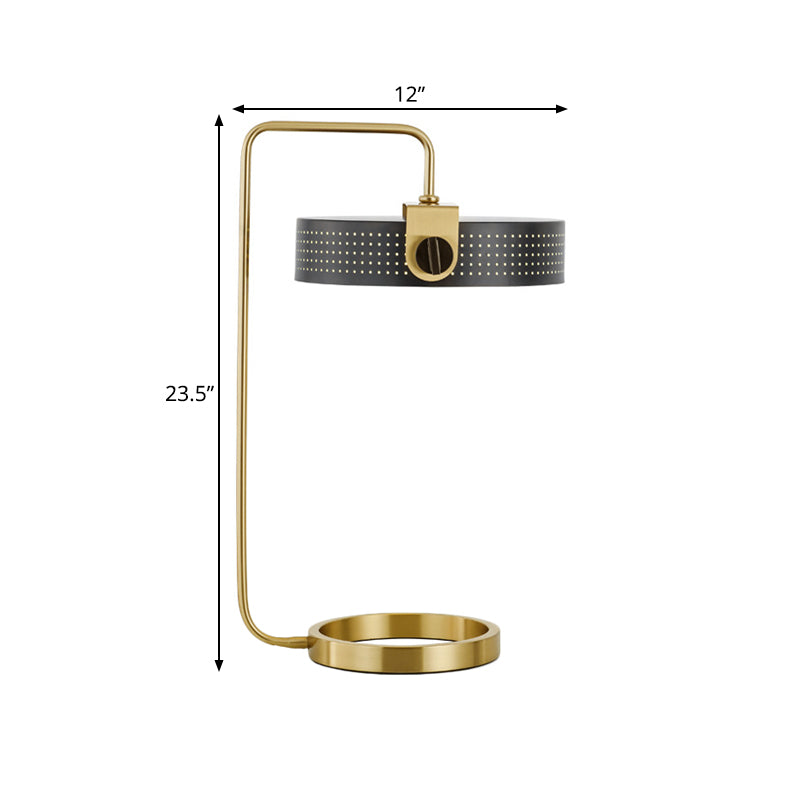 Luz de mesa de dormitorio redonda Lámpara de escritorio de modernismo metálico de 1 bulbo en oro con diseño hueco