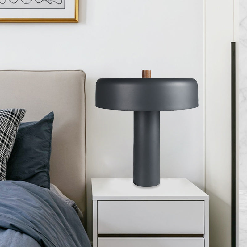 Metal Drum Nightstand Light Modernist LED Grey Desk Lamp with Plug In Cord for Bedroom