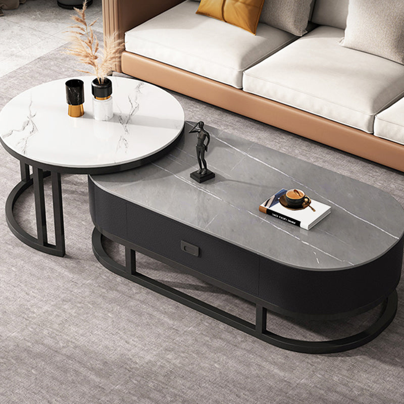 Oval Coffee Table Slate Nesting Coffee Table Set with Black Legs