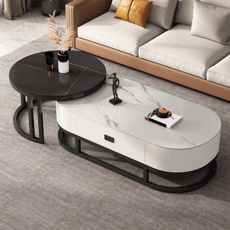 Slate Coffee Table Oval Nesting Coffee Table Set with Metal Legs