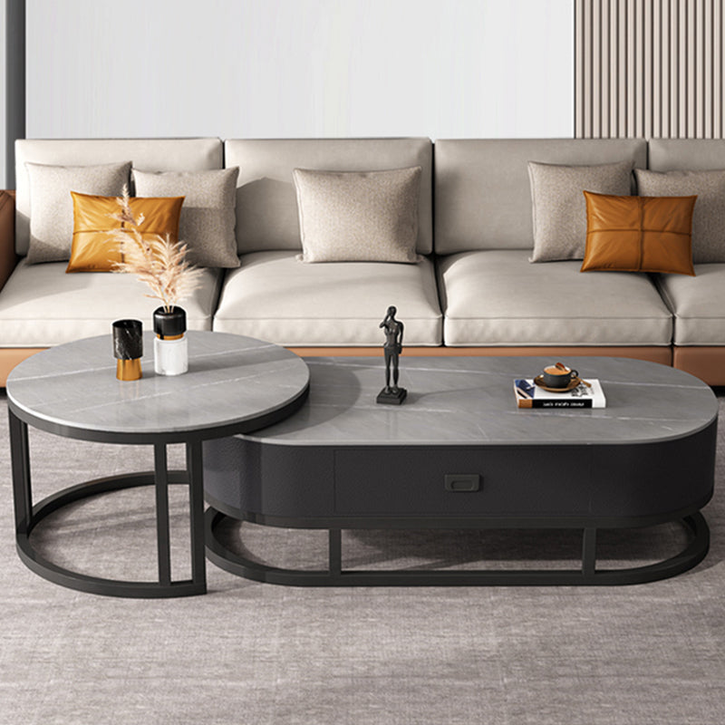 Slate Coffee Table Oval Nesting Coffee Table Set with Metal Legs