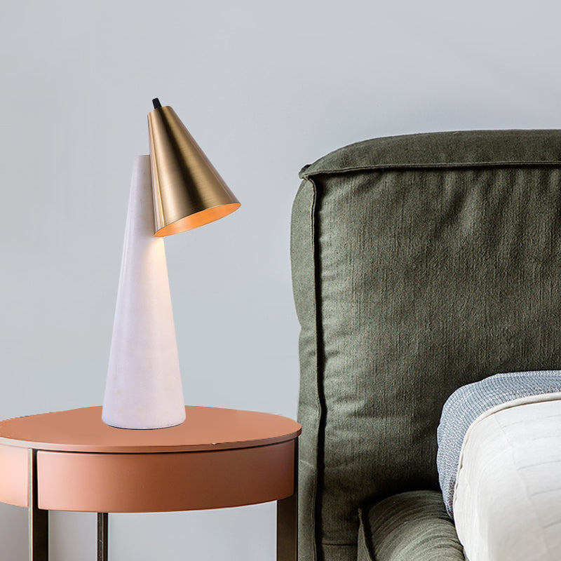 White Conical Table Lighting Minimalist 1 Light Marble Nightstand Lamp with Metal Shade